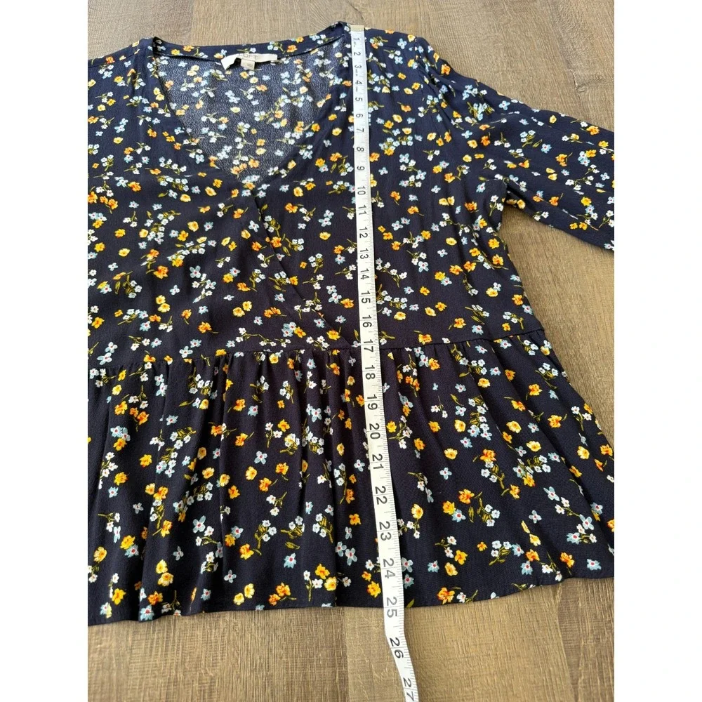 LOFT Women's L Navy Floral Print Faux Wrap V-Neck Long Sleeve Peplum Hem‎ Blouse - Picture 7 of 10